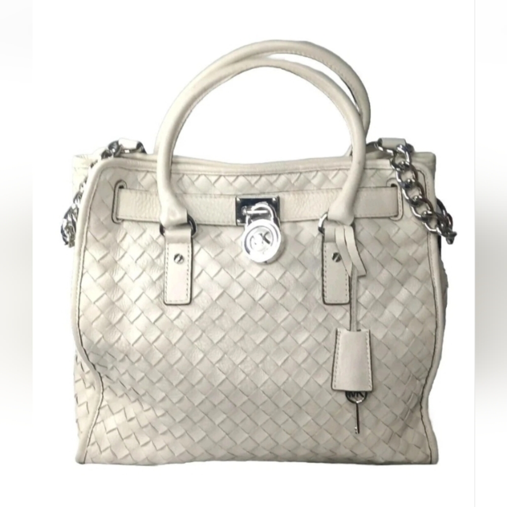Michael Kors Woven Leather Hamilton Tote Large Handbag Off-White Ivory MSRP $498